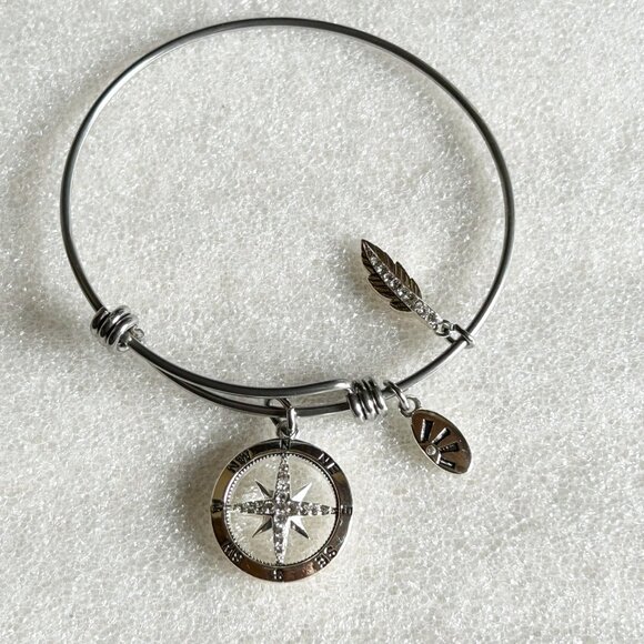 Compass Charm Silver Bangle Bracelet w Shine & Feather Charms Adjustable - Picture 1 of 8